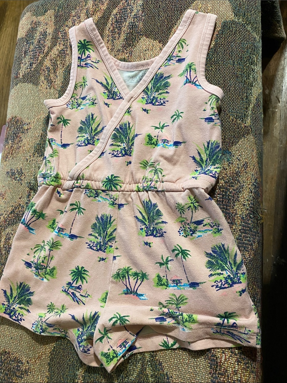 Peach Tropical Palm Print Girls Romper